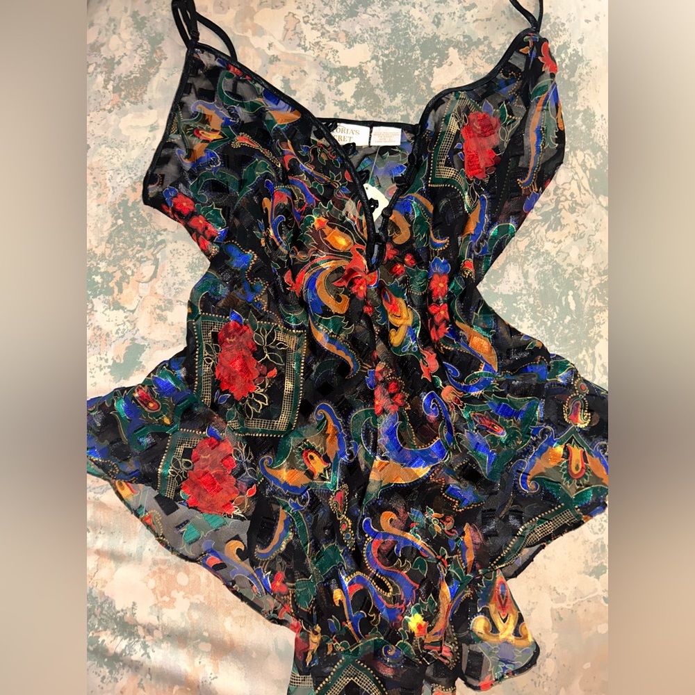 VTG Victorias Secret Teddy Black Floral burnout Flutter Chiffon Gold Label
